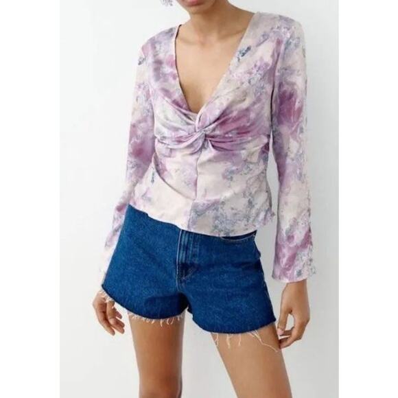 Zara Tops - NWOT Zara Purple Marble Satin Gradient Long Sleeve Blouse Sz L Whimsical Boho
